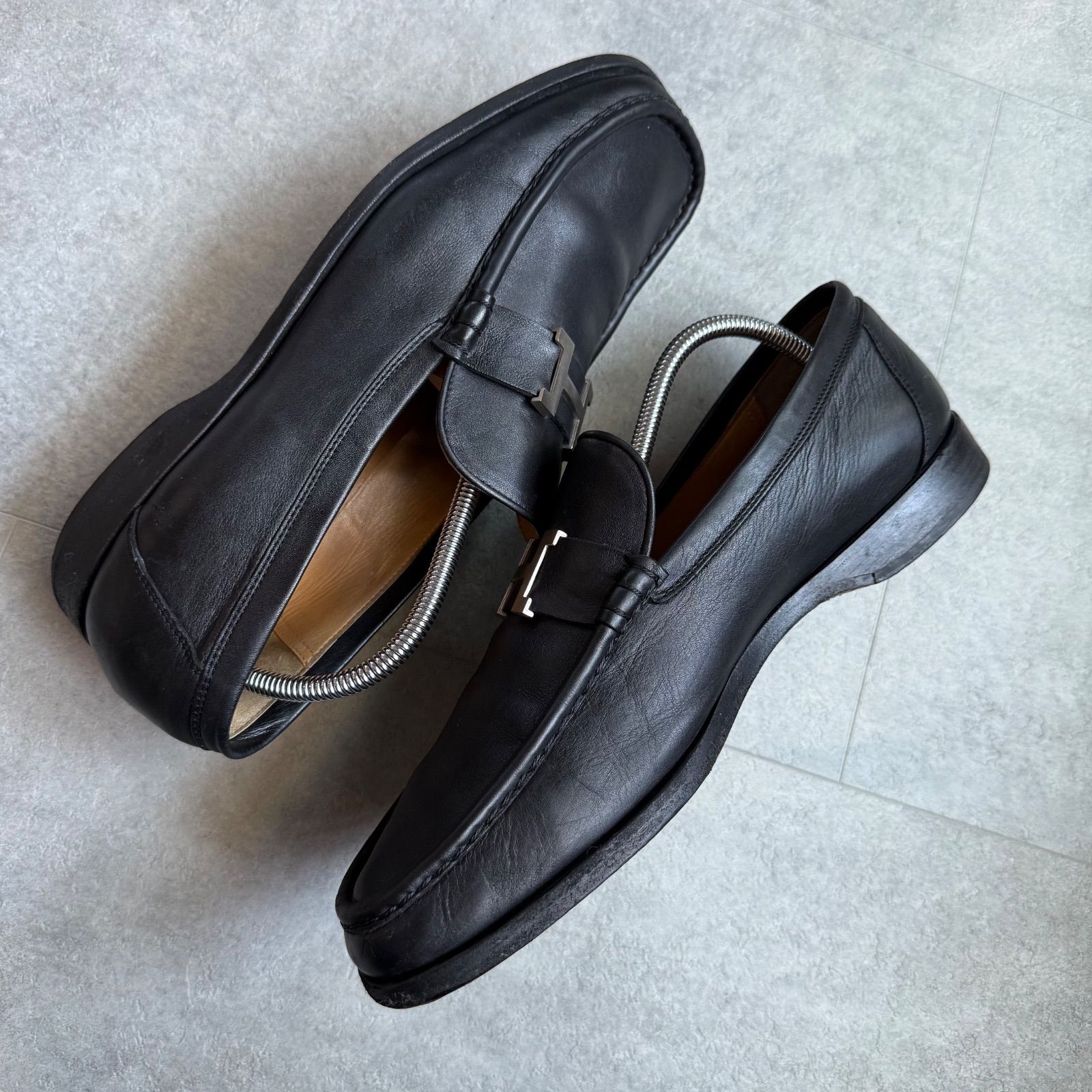 美品】エルメス ローファー ブラック ヒール レザー 黒 革靴 金具 H