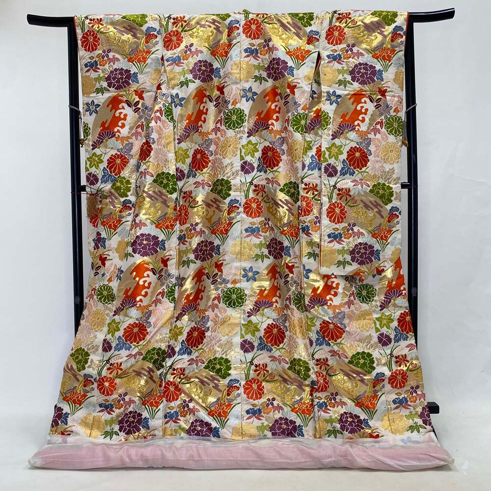 色打掛 正絹 鶴 刺繍 金 白 打掛 Mサイズ 裄66 花嫁衣裳 婚礼  