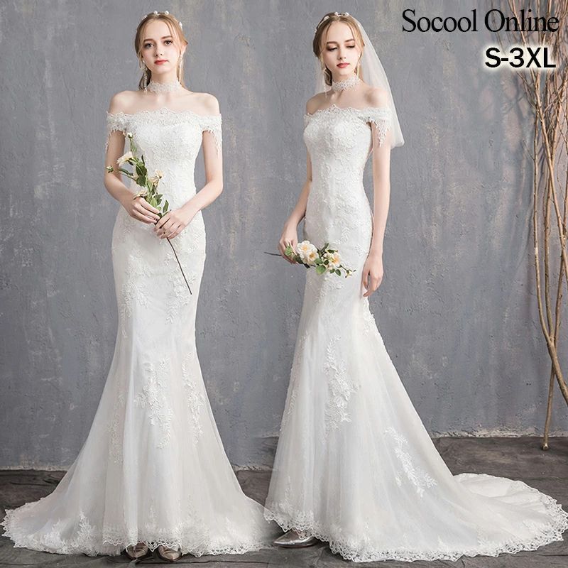 ドレスです ウェディングドレス マーメイドライン ドレス オフショルダー 花嫁 結婚式 ウエディングドレス 編み上げタイプ レース 刺繍 トレーンドレ 大きいサイズ結婚式 ロングドレス 前撮り|後撮り