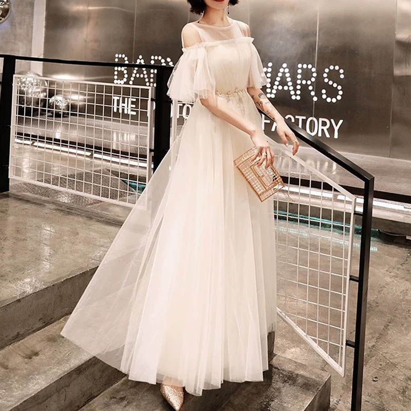 ホワイトシフォンロングドレス 東京ソワールマリココウガホワイト