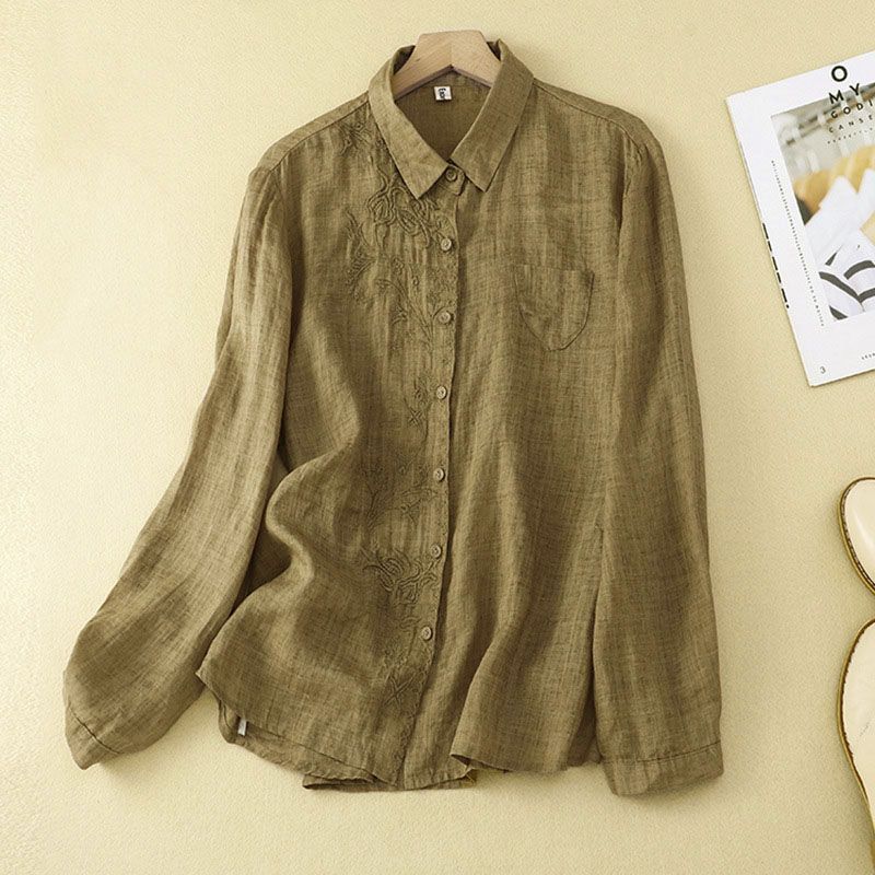 シャツ シャツブラウス トップス ブラウス レディース 長袖 ロングシャツ 前開き 刺繍 綿麻 チュニック 大きいサイズ カジュアル 着痩せ 新作 春 秋 シャツ ロングシャツ レディース チュニック ブラウス シャツ