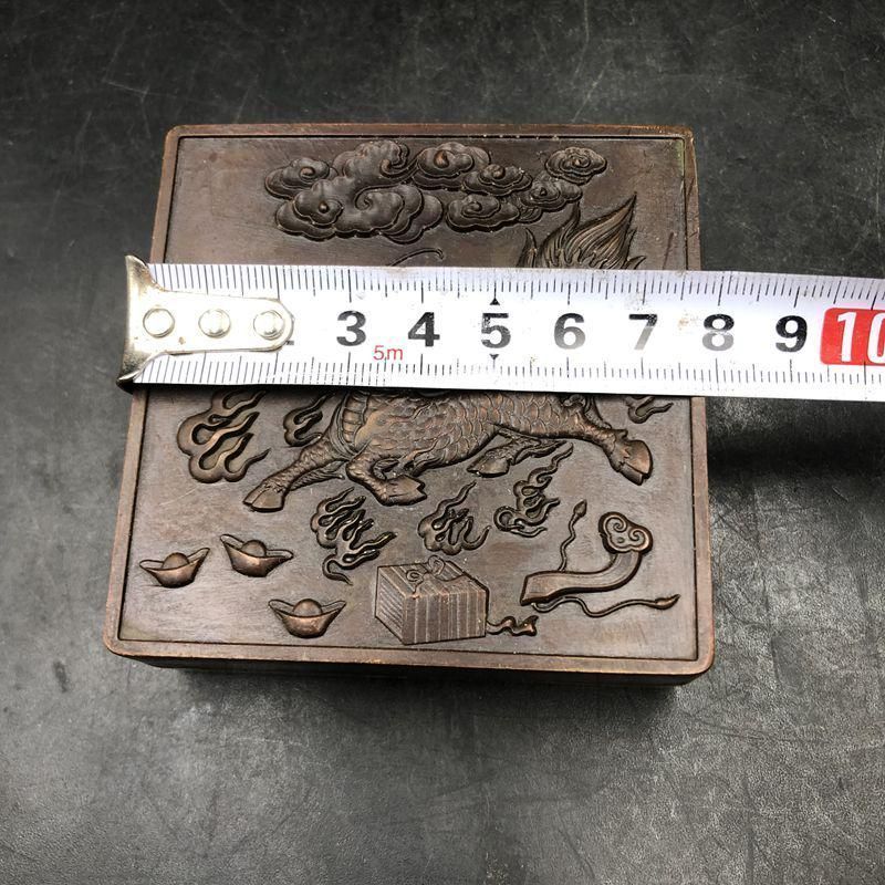 銅製 麒麟元宝墨盒 印泥盒 書道具 文房具 装飾品 工芸品 置物