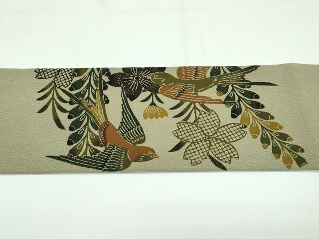 平和屋着物■極上　九寸名古屋帯　紅型　花鳥文　鬼しぼ縮緬　黄海松茶色地　逸品　未使用　CZAA3691s5 平和屋着物□極上 九寸名古屋帯 紅型 花鳥文 鬼しぼ縮緬 黄海