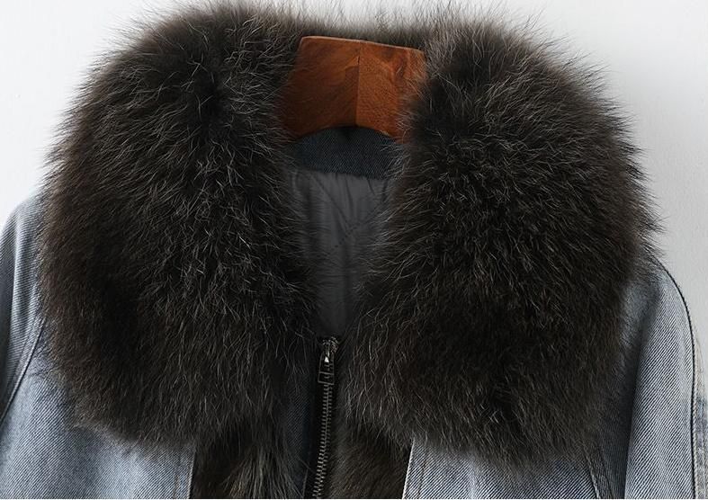 最 ラクーンファー付き デニム生地の中棉コート毛皮ファー