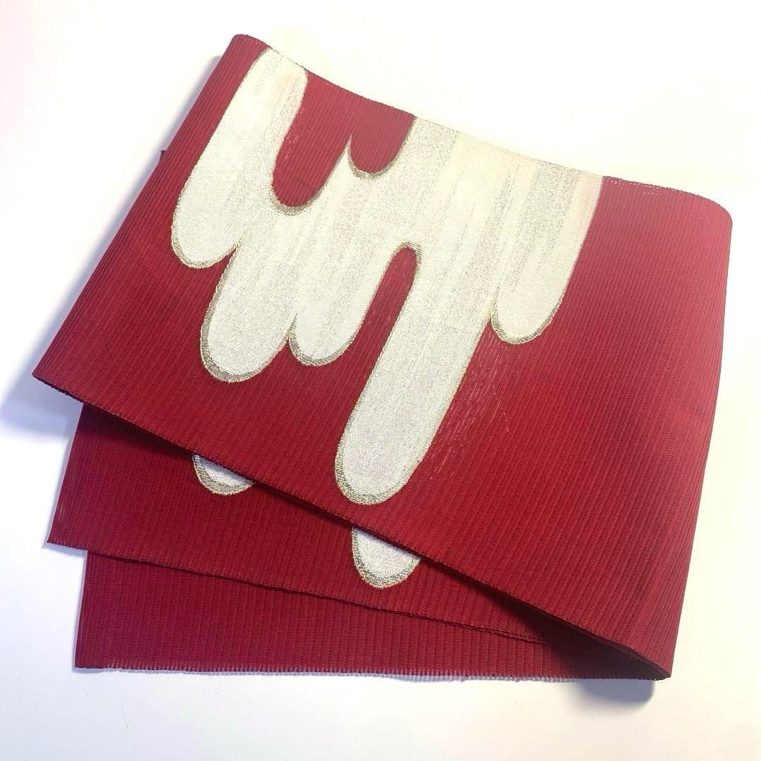 4k1125 名古屋帯 絹 夏帯 夏物 絽綴れ 赤 白 銀色 金色 柄物 - メルカリ