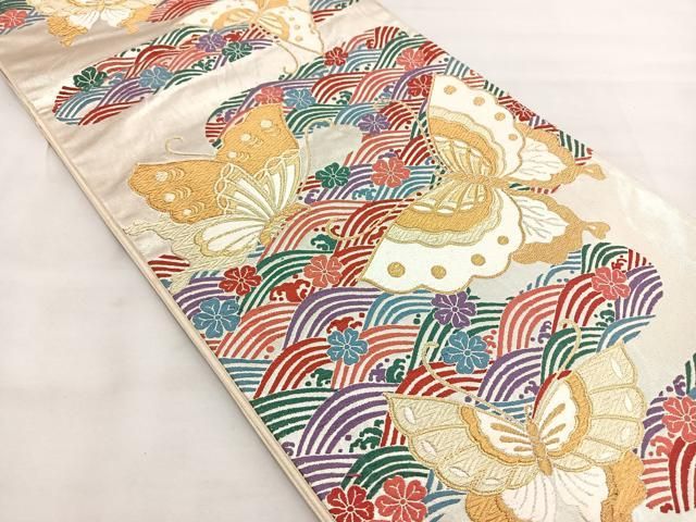 平和屋着物◎六通柄袋帯 唐織 揚羽清海文 金糸 正絹 逸品