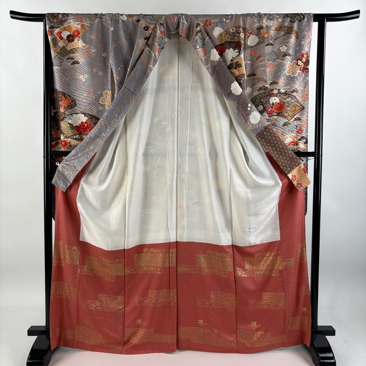 感動 振袖 身丈168cm 裄丈64cm M 袷 落款 鴛鴦 草花 金糸 金彩 灰茶 正絹 秀品