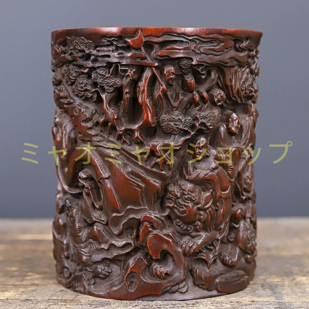 竹 細工 彫刻 十八羅漢筆筒 書道具 文房具 工芸品 置物