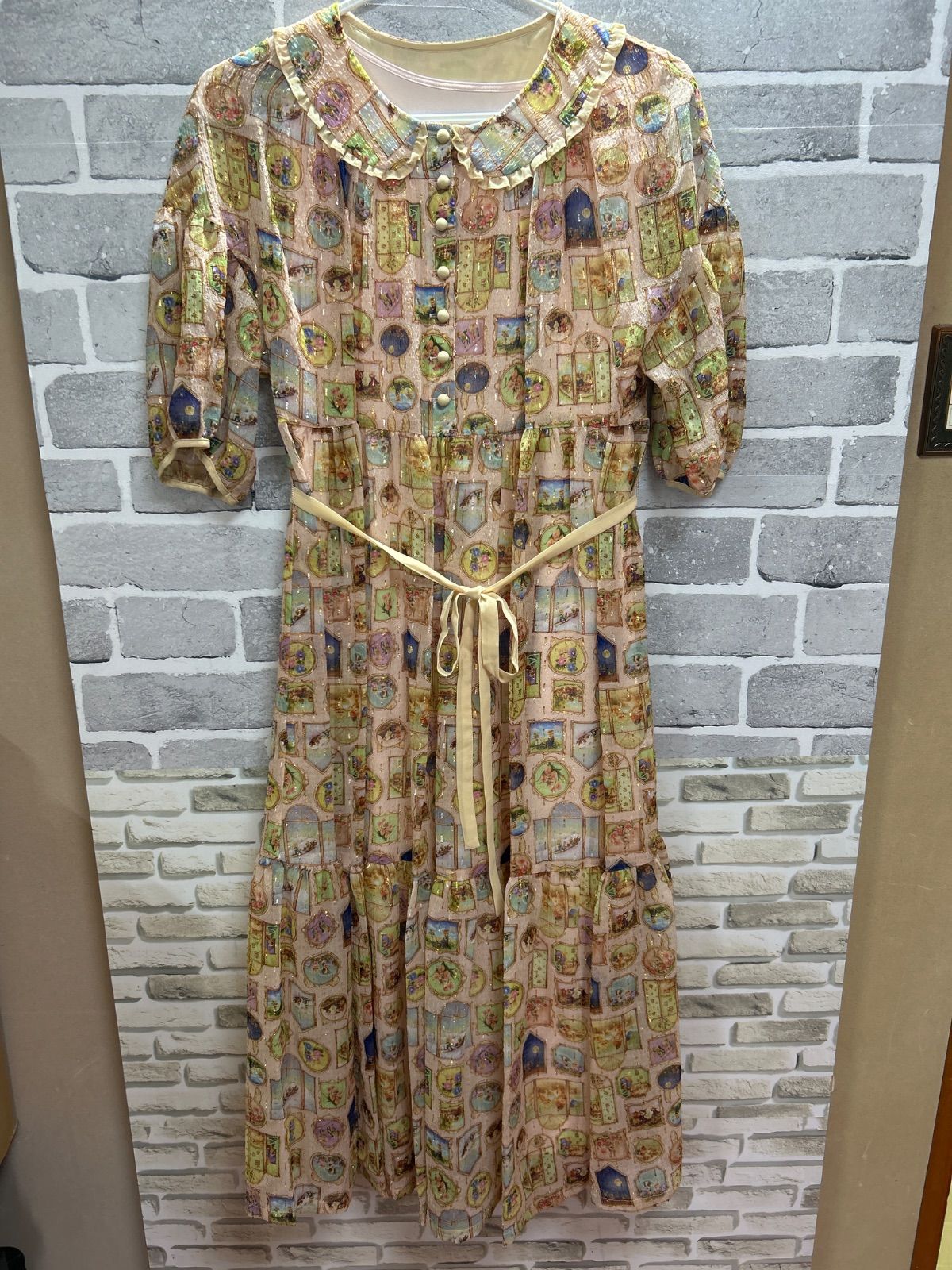 F9-62 yukiemon サイズM 半袖ロングワンピース ペチコート付き ピンク 総柄