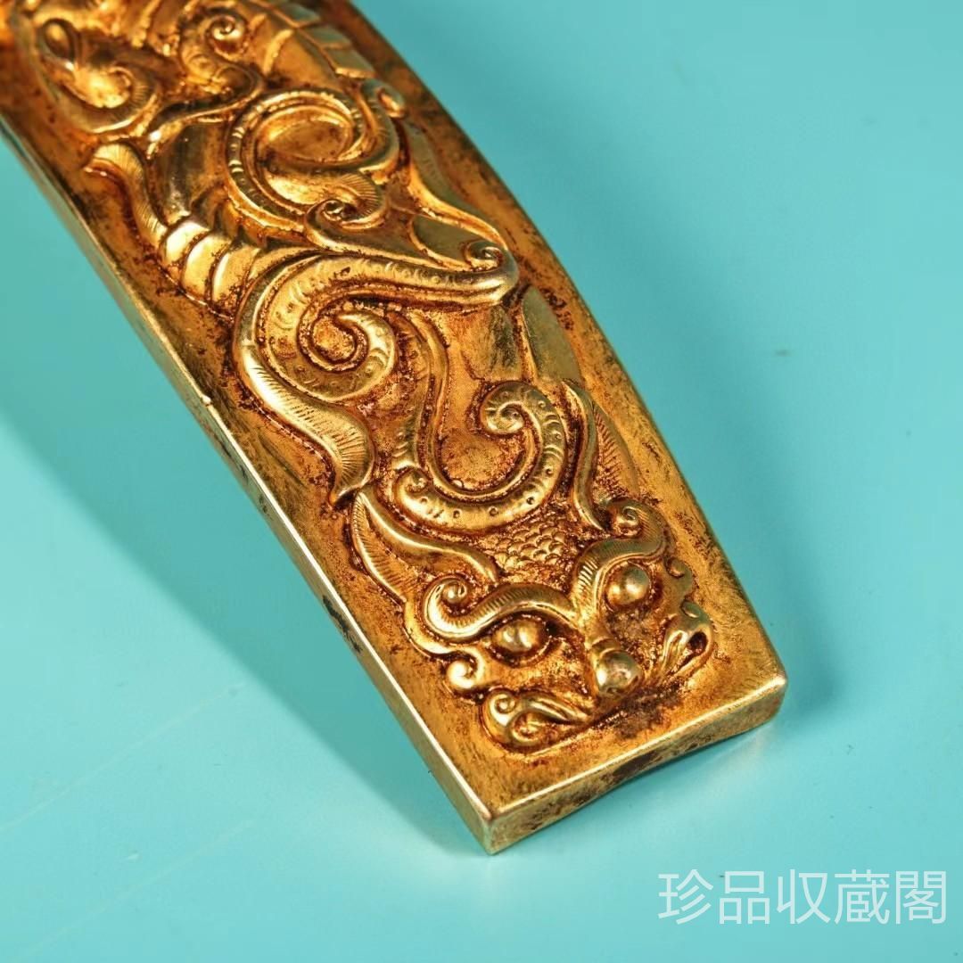 中国古美術・旧蔵龍紋如意腰帯留め・鏨刻 金・純銅 密彫・純手作り・高浮彫り・根付