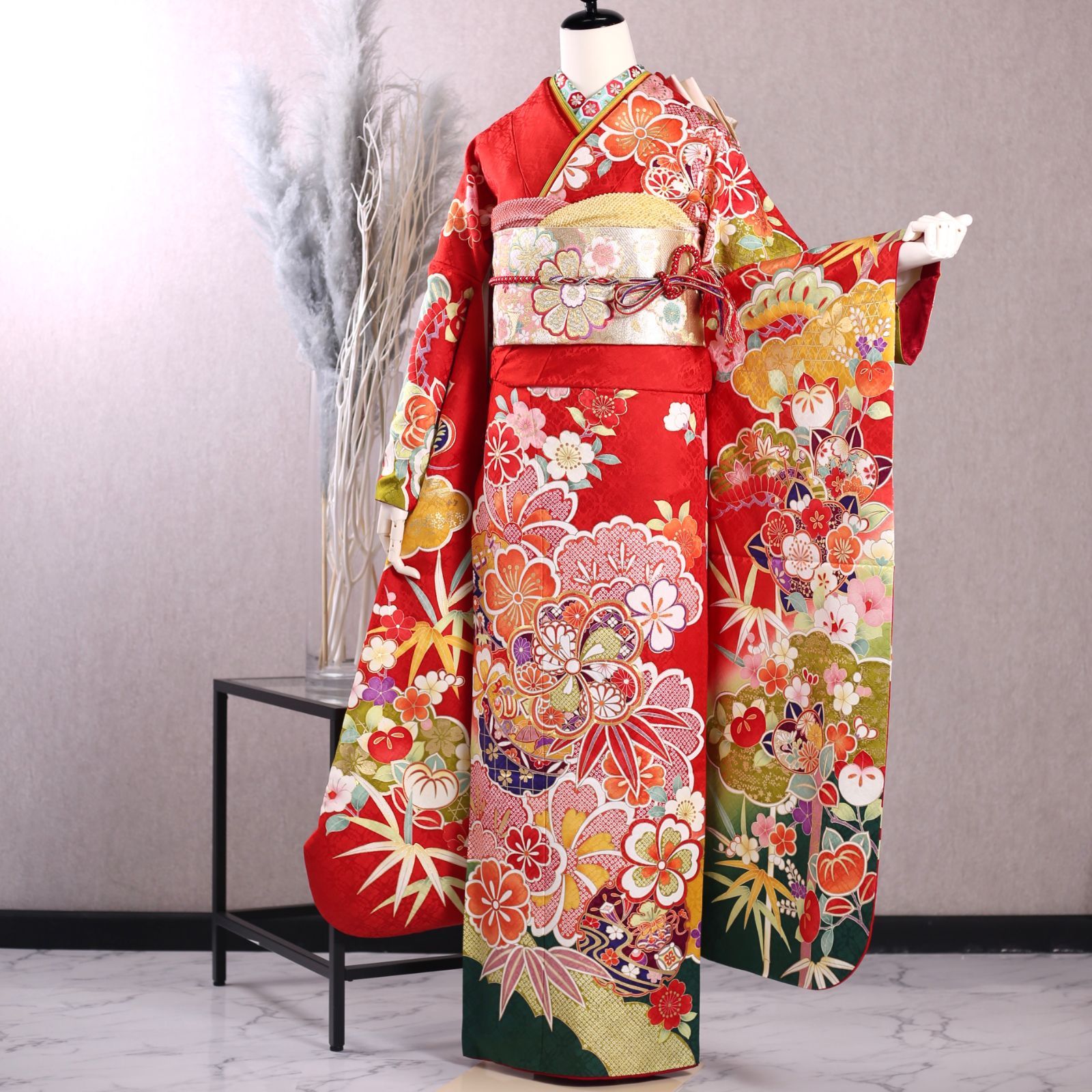 振袖フルセット 振袖セット 振袖 LLサイズ 赤×古典 美品 成人式 着物 