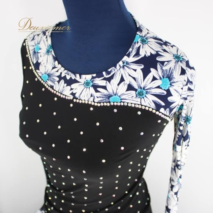 社交ダンス 衣装 スタンダード ツーピース セットアップ レッスンウェア レディース オールシーズン GRANT 白 黒 ブラック系 ホワイト系 花柄 ブルー系 水色 青 ラインストーン 長袖 花柄デザイン ゴムウエスト 伸縮性あり Mサイズ