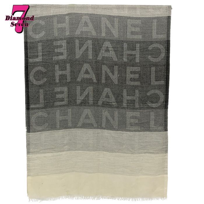 CHANEL シャネル ストール スカーフ 薄手 大判 ロゴ グラデーション 白 ホワイト グレー カシミヤ シルク ⓪