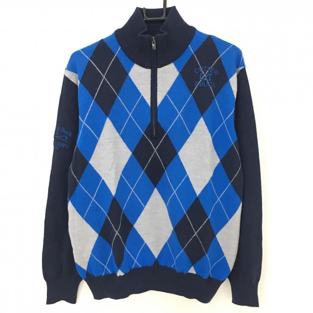 SALE価格カッターアンドバック ハイネックセーター ネイビー×ブルー アーガイル柄 ハーフジップ ニット メンズ LL ゴルフウェア CUTTER＆BUCK