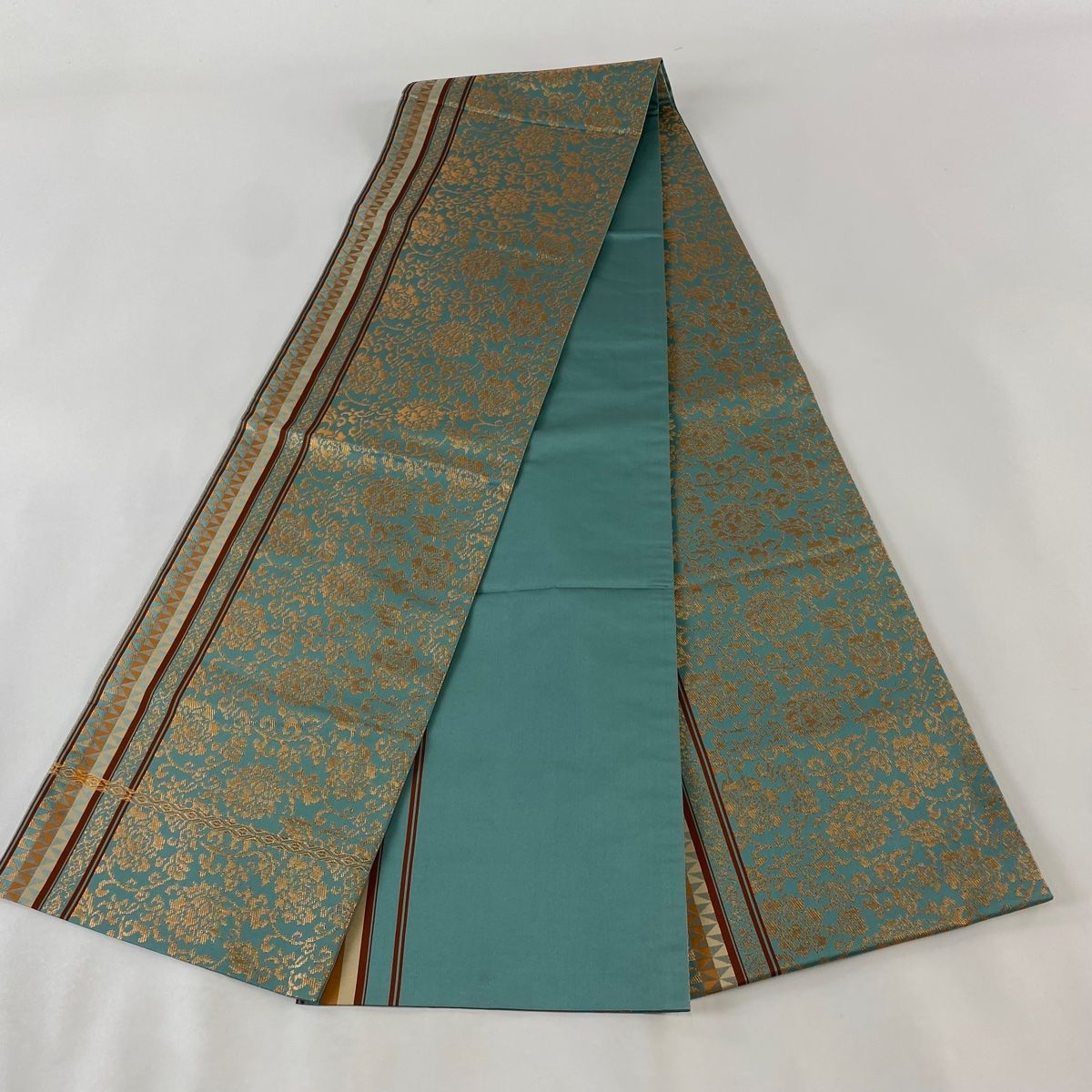 袋帯 美品 逸品 龍村晋 落款 花唐草 縞 金糸 箔 青緑 全通 正絹