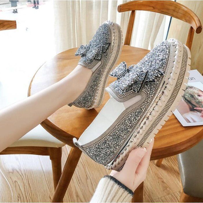 Amazon | [KLIAN] ビジュー付 スリッポンスニーカー パール キラキラ