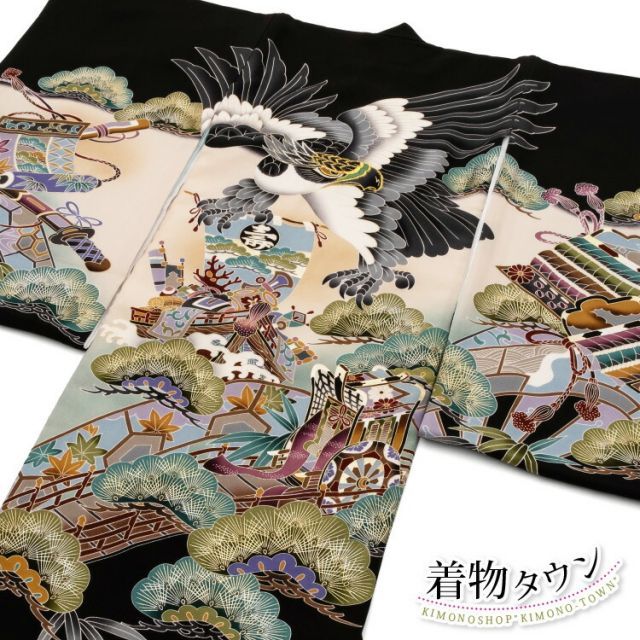 お宮参り 着物 男の子 初着 産着 正絹 鷹 宝船 御所車 黒 男児 祝着 掛け着 購入 販売 一つ身 のしめ 10000634 noshime-00076