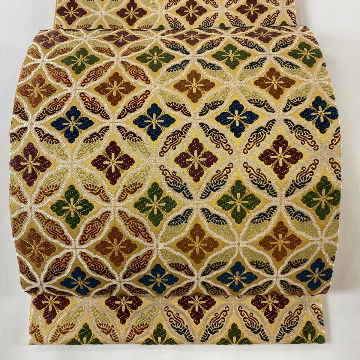 袋帯 美品 名品 七宝 花 刺繍 金糸 ベージュ 六通 正絹 【中古