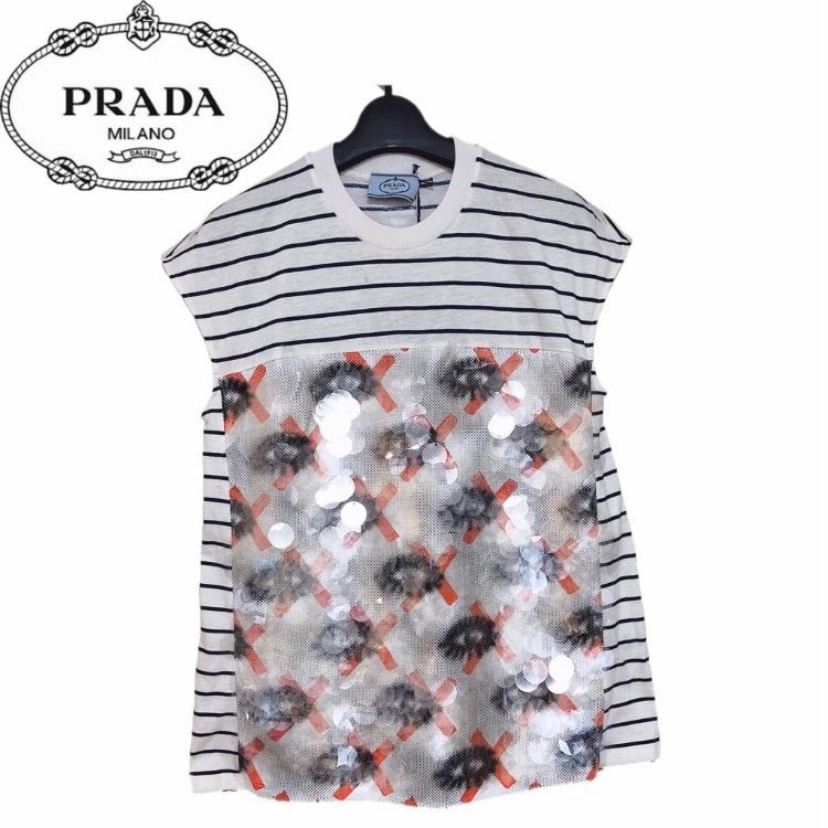 【新品】確実正規品 PRADA　プラダ ストライプ スパンコール Tシャツ