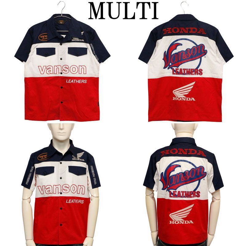 VANSON×HONDA バンソンロゴ × ホンダロゴ 刺繍 半袖 ツイル シャツ