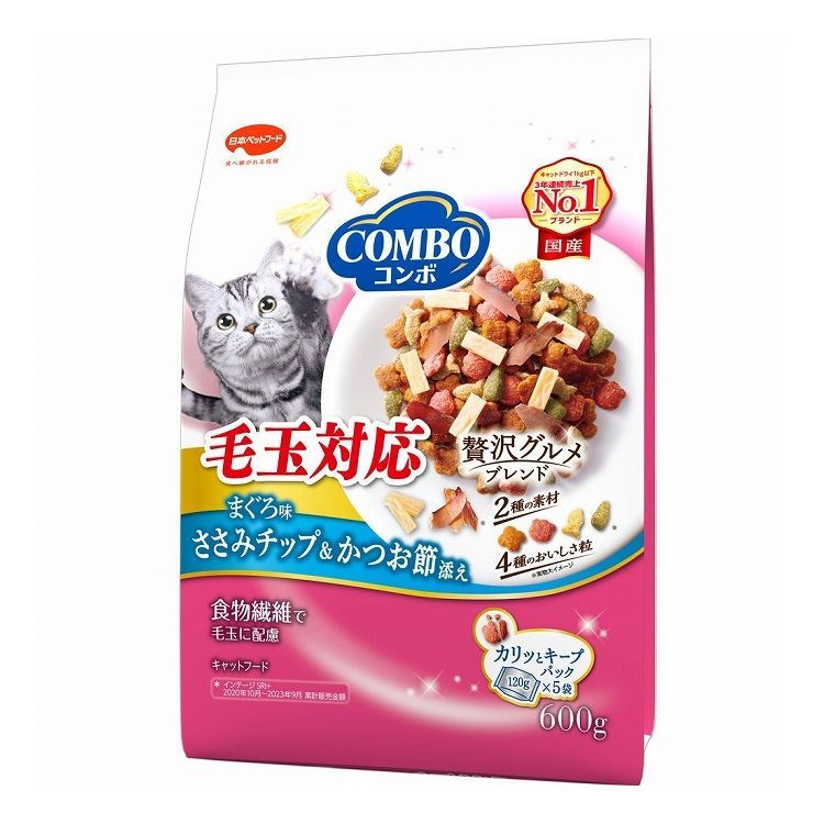 同梱不可 12個セット 日本ペットフード コンボキャット毛玉対応まぐろ味 ささみチップ かつお節添え600g