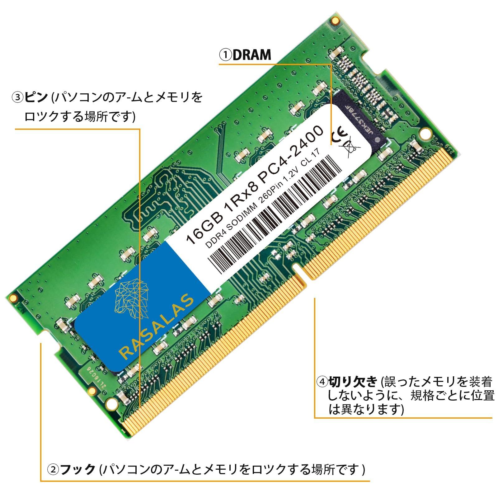 1 2 V 260 Pin SO DIMM SODIMM CL 17 RX 8 DDR 4 SDRAM PC 19200 Unbuffered 2400 RAM ノートPC用メモリ16 GB Memory