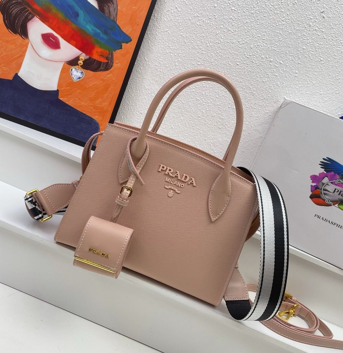 美品/箱付き】プラダ モノクロームハンドバッグ スモール 2way ピンク  