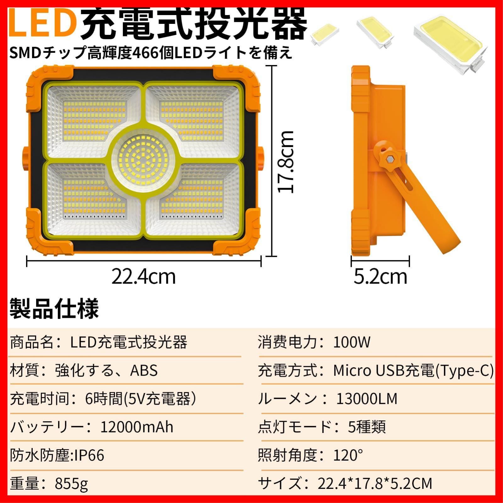 超高輝型466個LEDチップ】投光器 充電式 作業灯 12000mAH大容量 屋外 フラッドライト 100W 13000LM ソーラー充電/Type-c 充電 便携式 5色切替 太陽光発電 IP66防水 磁気設計 アウトドア キャンプ 夜釣り登山 防災 緊急 メルカリ