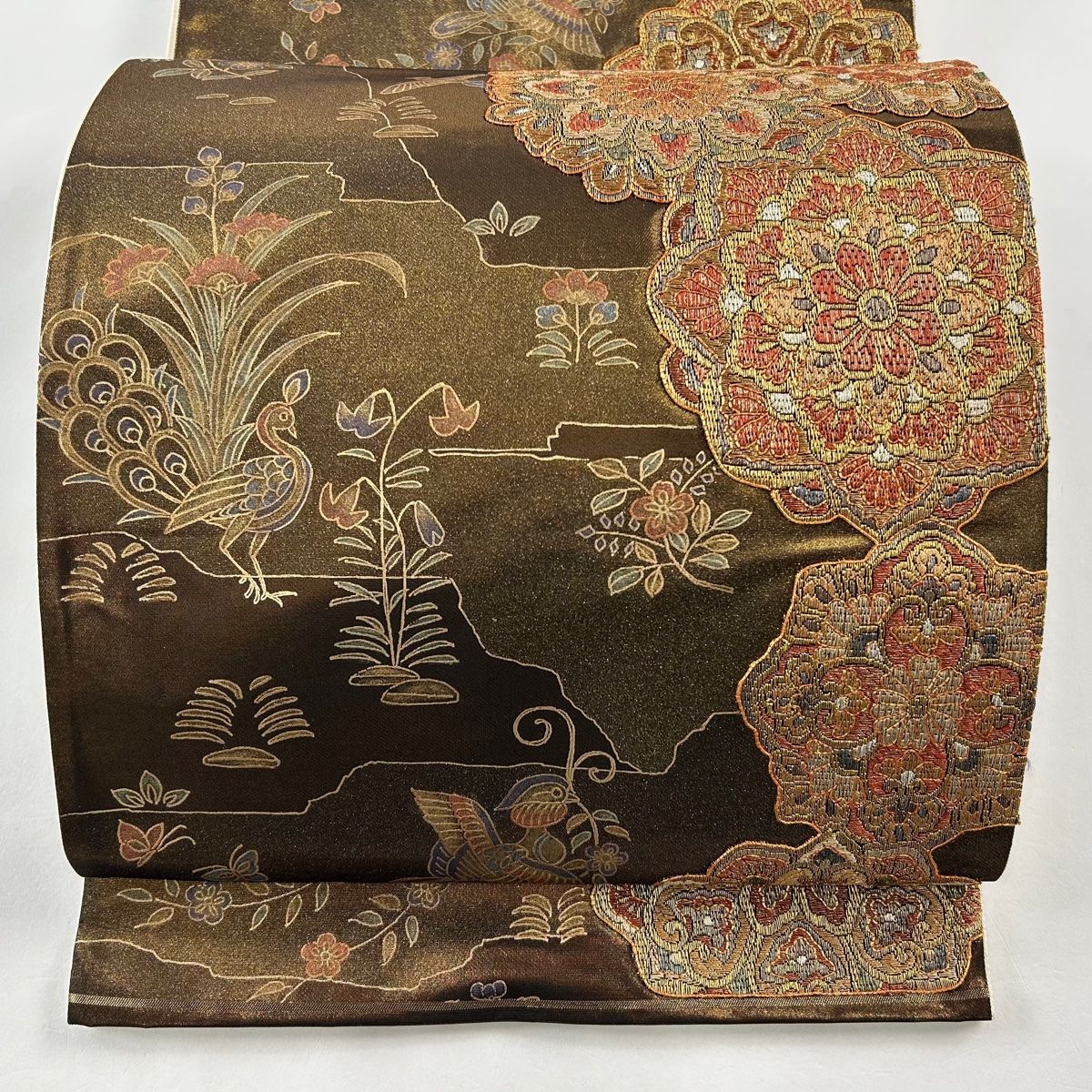 袋帯 美品 花鳥 金色 正絹 【中古】 袋帯 美品 秀品 花鳥 華文 金銀糸 箔 金色 六通 正絹 【中古