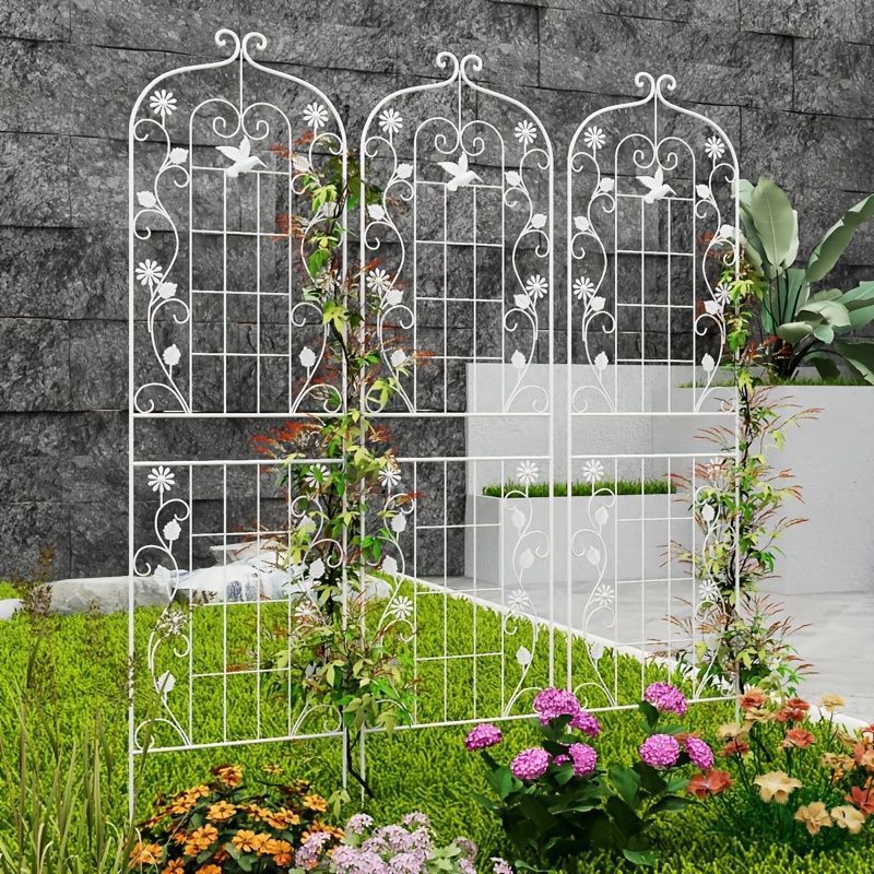 フェンス ガーデンフェンス ワンピースパック エレガント 錬鉄製ガーデントレリス 花のつる 小さな植物 パターン 屋外用クライミングフレーム 耐久性のある金属構造 パティオ 庭 美的魅力 ホワイト素材 おしゃれ 鳥のシルエット ガーデニング