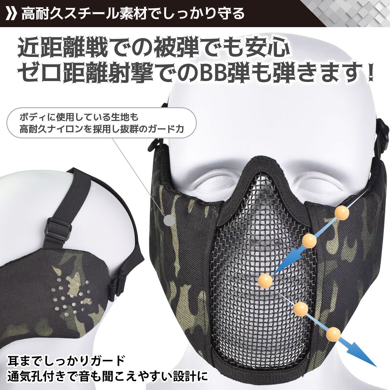 J-HARK サバゲーマスク フェイスガード 耳付き メッシュ 金属網 曇らない マスク サバイバルゲーム フェイスガード 装備 (ブラック スカル)