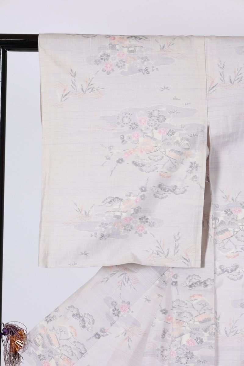 小千谷紬　白　グレー　紫　珊瑚色　茶　絣　T491 小千谷紬 白 グレー 紫 珊瑚色 茶 絣 T491 - メルカリ