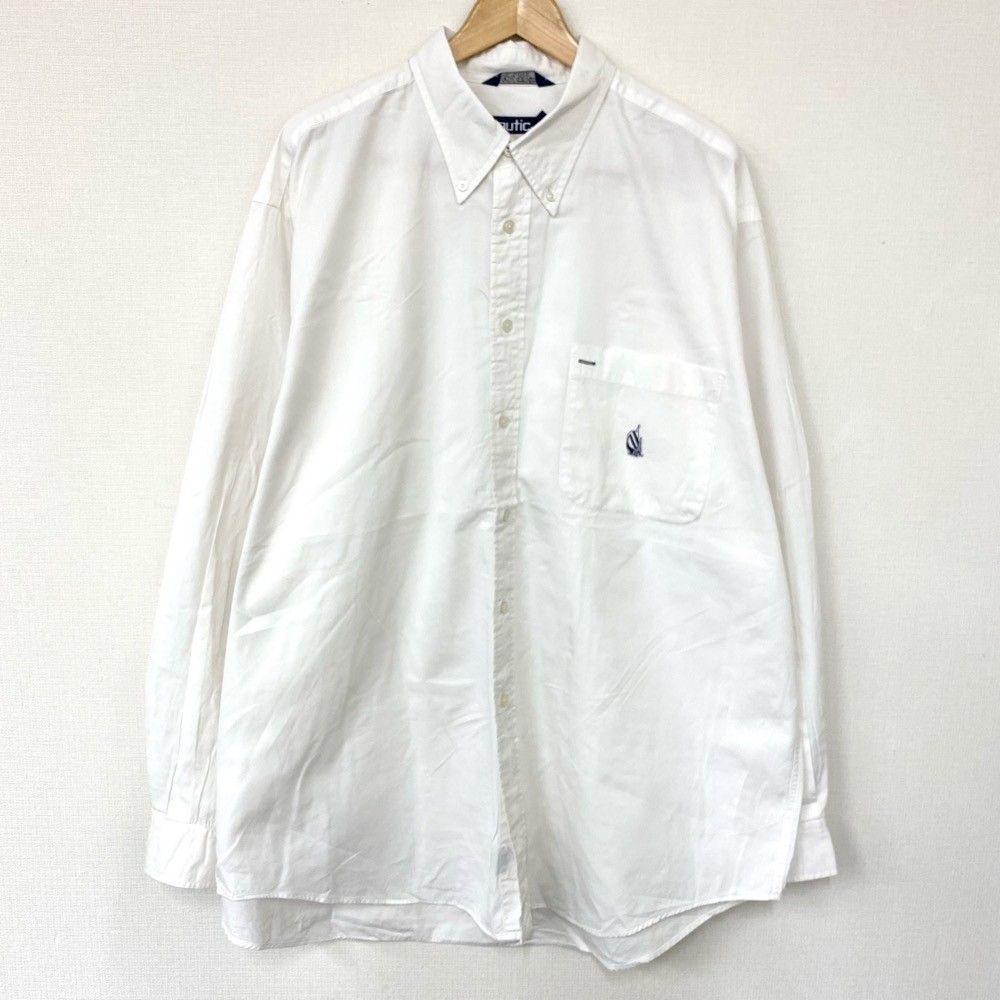 90’ｓ ノーティカ NAUTICA ボタンダウン シャツ 長袖 ロングスリーブ 無地 ロゴ 刺繍 MADE IN USA サイズ：XL ホワイト 古着 