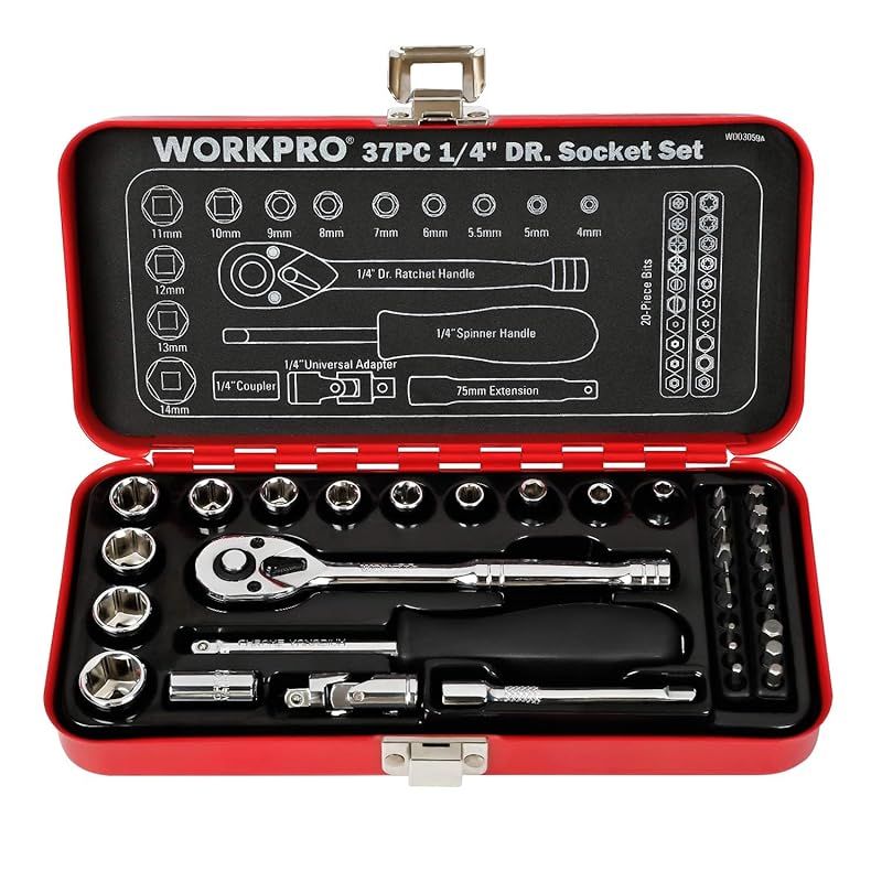 WORKPRO ソケットレンチセット ガレージツールセット ラチェットレンチ 差込角6.35mm（1/4インチ） クイックリリースラチェットハンドル  工具 道具 セット 37点組【鉄製ケース付属】 - メルカリ