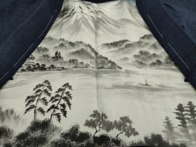 平和屋着物○男性 結城紬 アンサンブル 杢 色無地 藍鉄色 反端付き