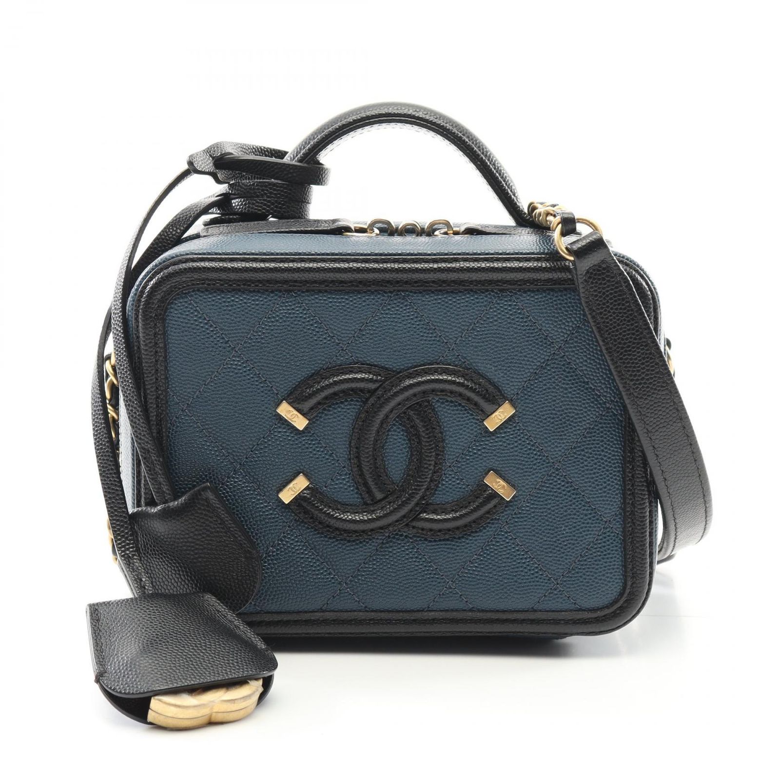 シャネル CHANEL ショルダーバッグ CCフィグリー スモール バニティバッグ A93342 ネイビー|ブラック レザー CCフィリグリー マトラッセ バニティ チェーンショルダー レディース Used A
