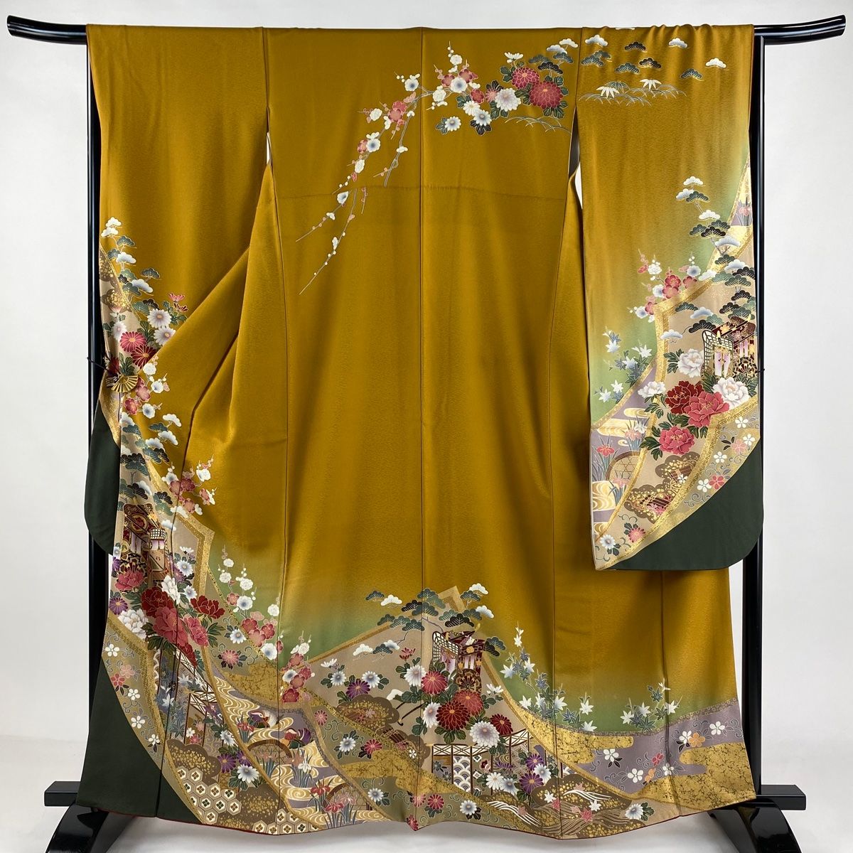 振袖 身丈163cm 裄丈66.5cm M 袷 御所車 牡丹 金糸 金彩 山吹茶色 正絹 秀品