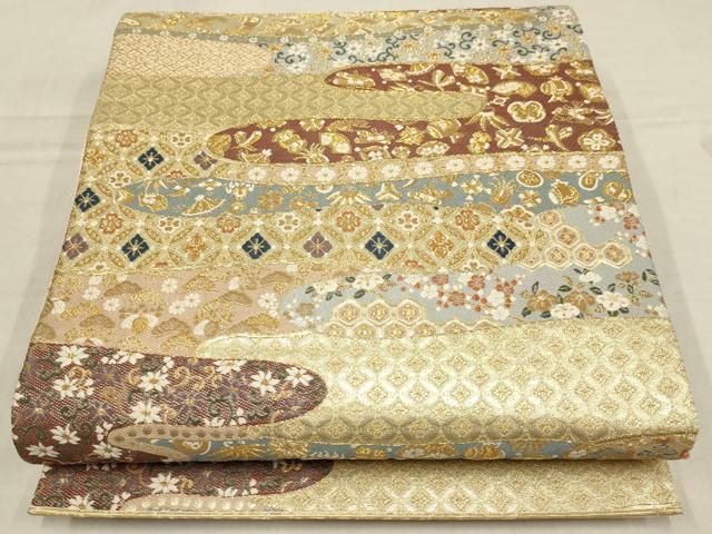 平和屋着物▽六通柄袋帯 霞宝尽くし花文 松竹梅 金糸 正絹 逸品