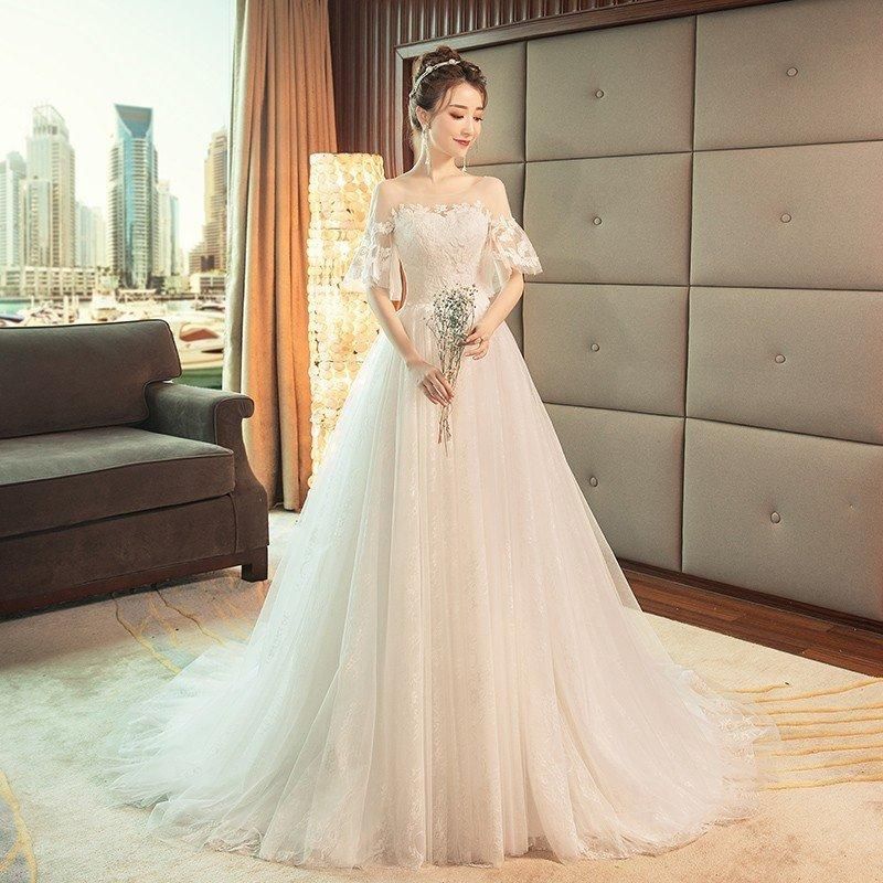 ウエディングドレス aライン 花嫁 結婚式 パーティードレス 白 安い 袖あり レース ウェディングドレス 二次会 ブライダル ロングドレス イ