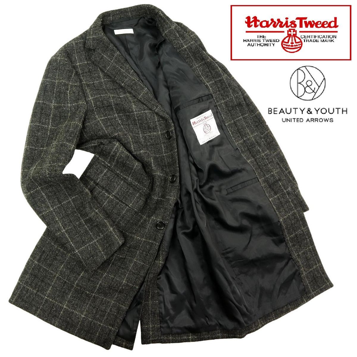 【B1686】【美品】【定価51,840円】BEAUTY&YOUTH×HARRIS TWEED ビューティーアンドユース ハリスツイード アローズ チェスターコート 別注