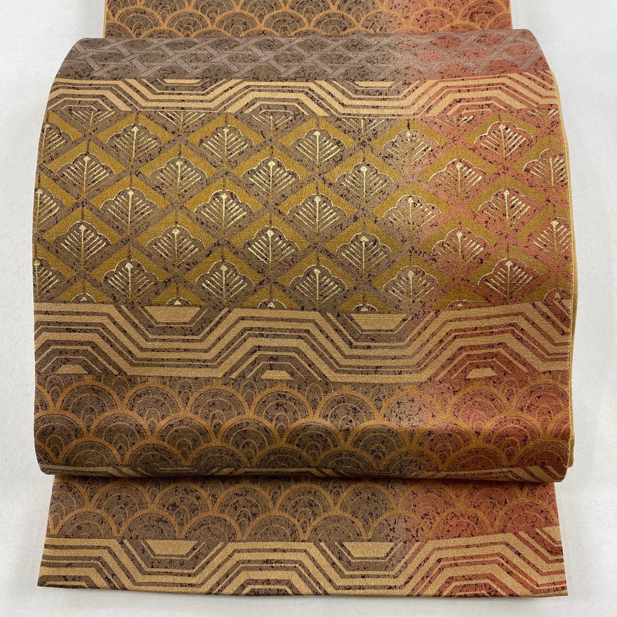 A21 新品　紬地　全通袋帯　美品 秀品 紬縞 幾何学 正絹 袋帯 美品 秀品 落款 紬地 縞 幾何学模様 ベージュ 全通 正絹