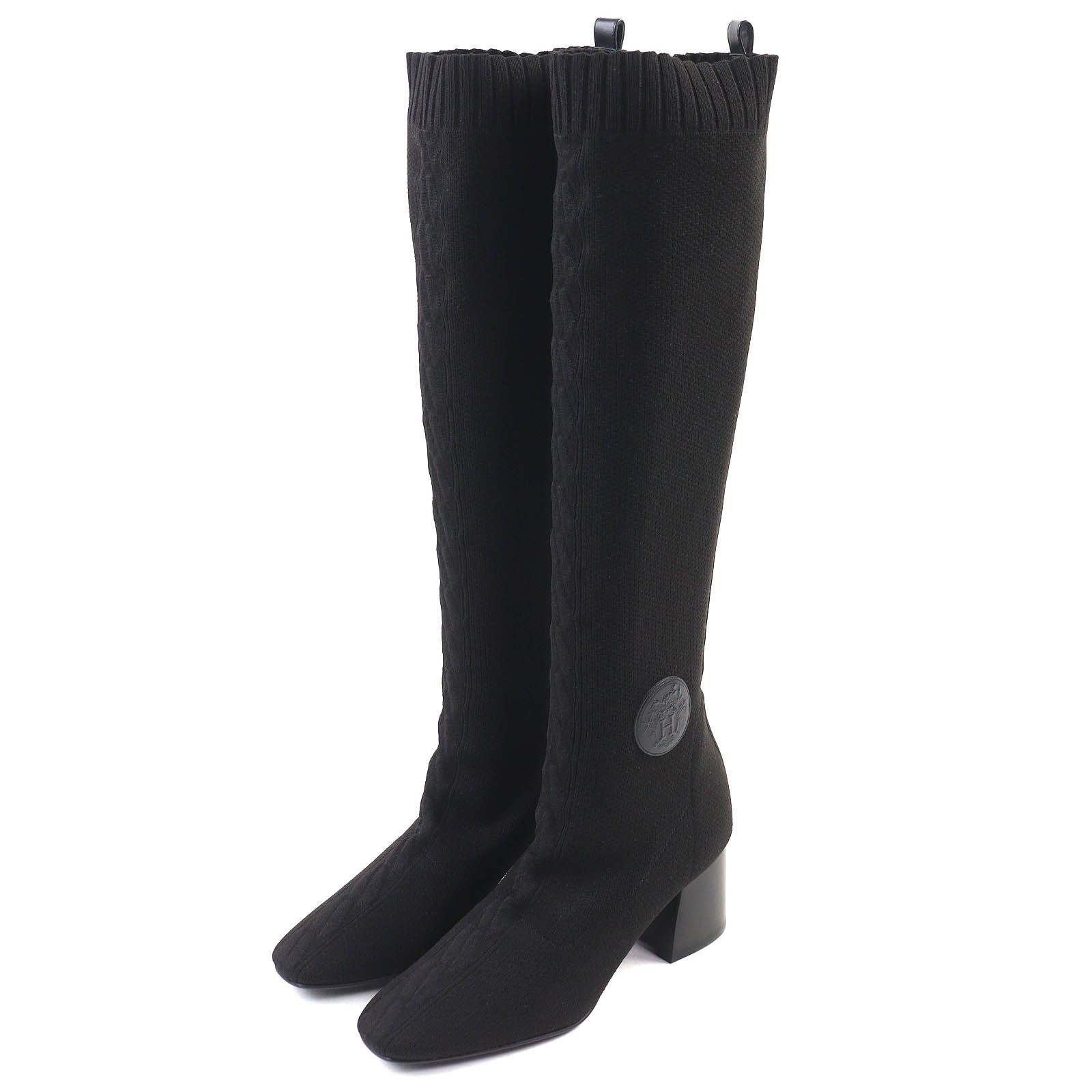 ♥品△HERMES エルメス H222097Z フォンテーヌ 60 Hロゴレザーパッチ ニットブーツ ロングブーツ ブラック 35.5 保存袋付き イタリア製 レディース