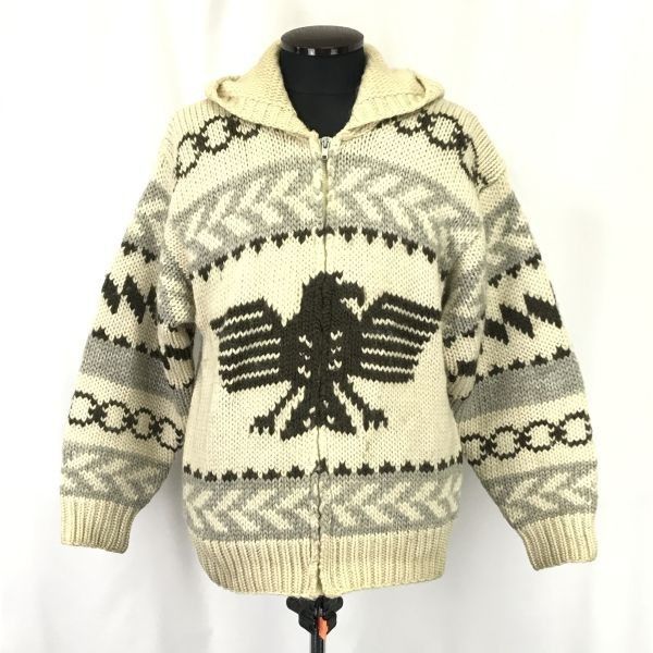 90s?★ニコラス/NICHOLAS★new wool/カウチンセーター/ジップ/ニットパーカー/【メンズL程度/ベージュ系】Coats/Jackets/Jumpers◆mBH374 90s?☆ニコラス/NICHOLAS☆new wool/カウチンセーター/ジップ/ニット