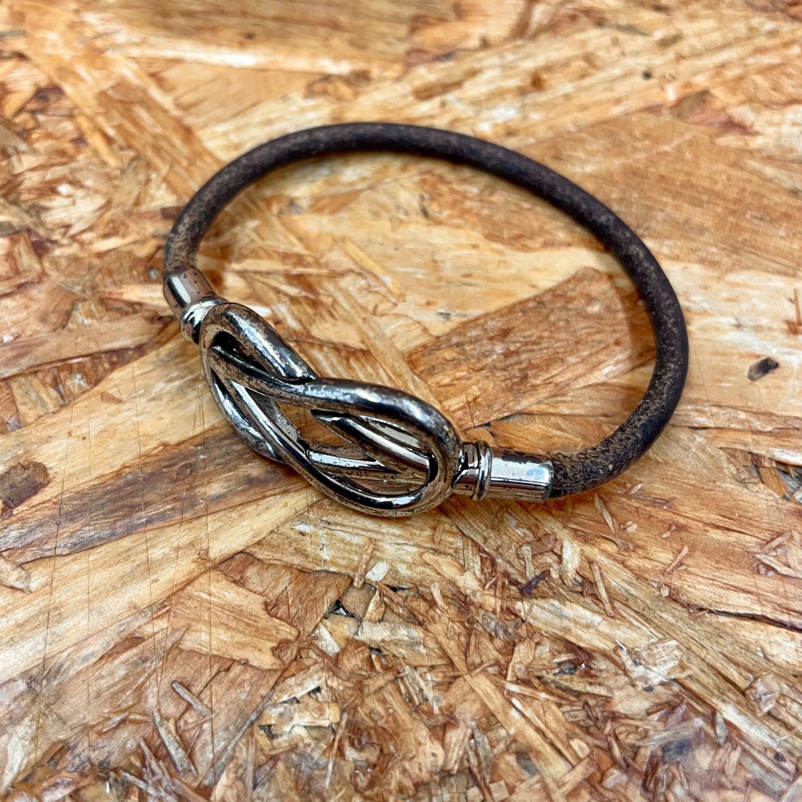HERMES アタメ レザー ブレスレット シルバー×ブラウンレザー