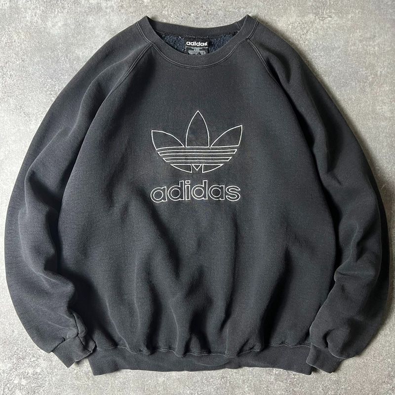 【デサント製、ハーフジップ】adidasトレフォイル刺繍スウェット90s黒古着屋CS