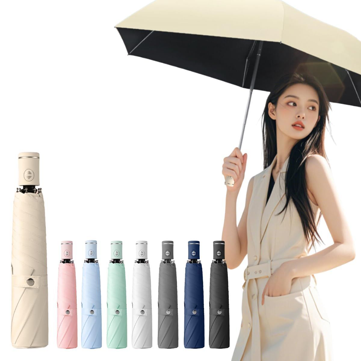Color クリームイエロー Prv スマホより軽い220g | 大きくて濡れない 折りたたみ傘 晴雨兼用 自動開閉 大きい 102cm 超撥水加工 ワンタッチ 日傘 体感温度-15℃ uvカット99% UPF50 遮光 遮熱 断熱 軽量 コンパクト 丈
