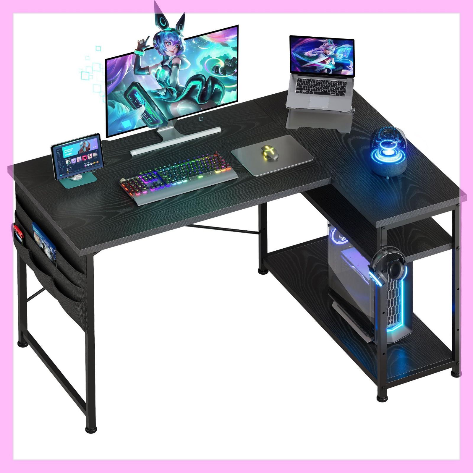 YeTom ゲーミングデスク l字デスク pcデスク 右棚左棚 幅107cm ゲーミングテーブル gaming desk 収納袋付きオフィスデスク ゲームデスク ゲーミング机  つくえ ライティングデスク い