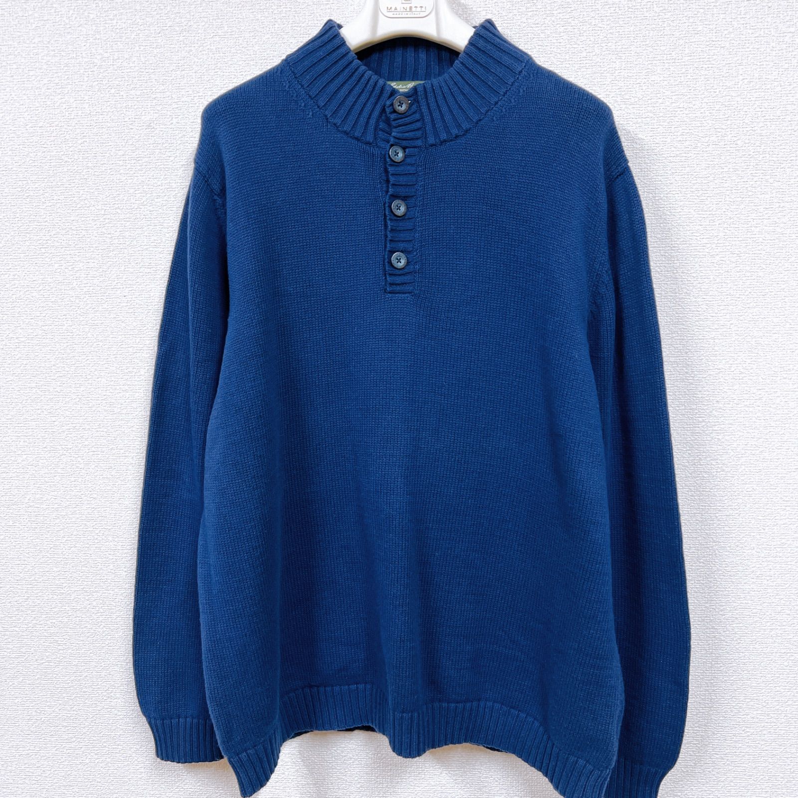 【中古】Eddie Bauer エディーバウアー 濃紺 ネイビー 無地 メンズ 2XL相当 防寒 ボタンロゴ プルオーバー ハーフボタン ミドル丈 オーバーサイズ 長袖 トップス コットン100% ニット セーター  KH
