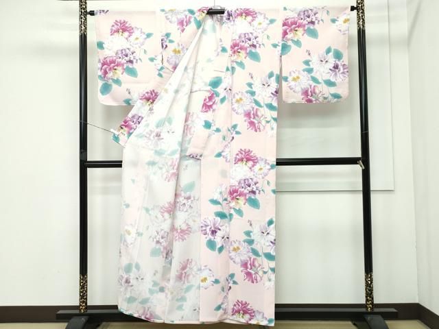 平和屋着物 上 夏物 撫松庵 小紋 浴衣兼用 セオアルファ 草花文 白茶色地 洗える着物 ♥ CZAA3709s5