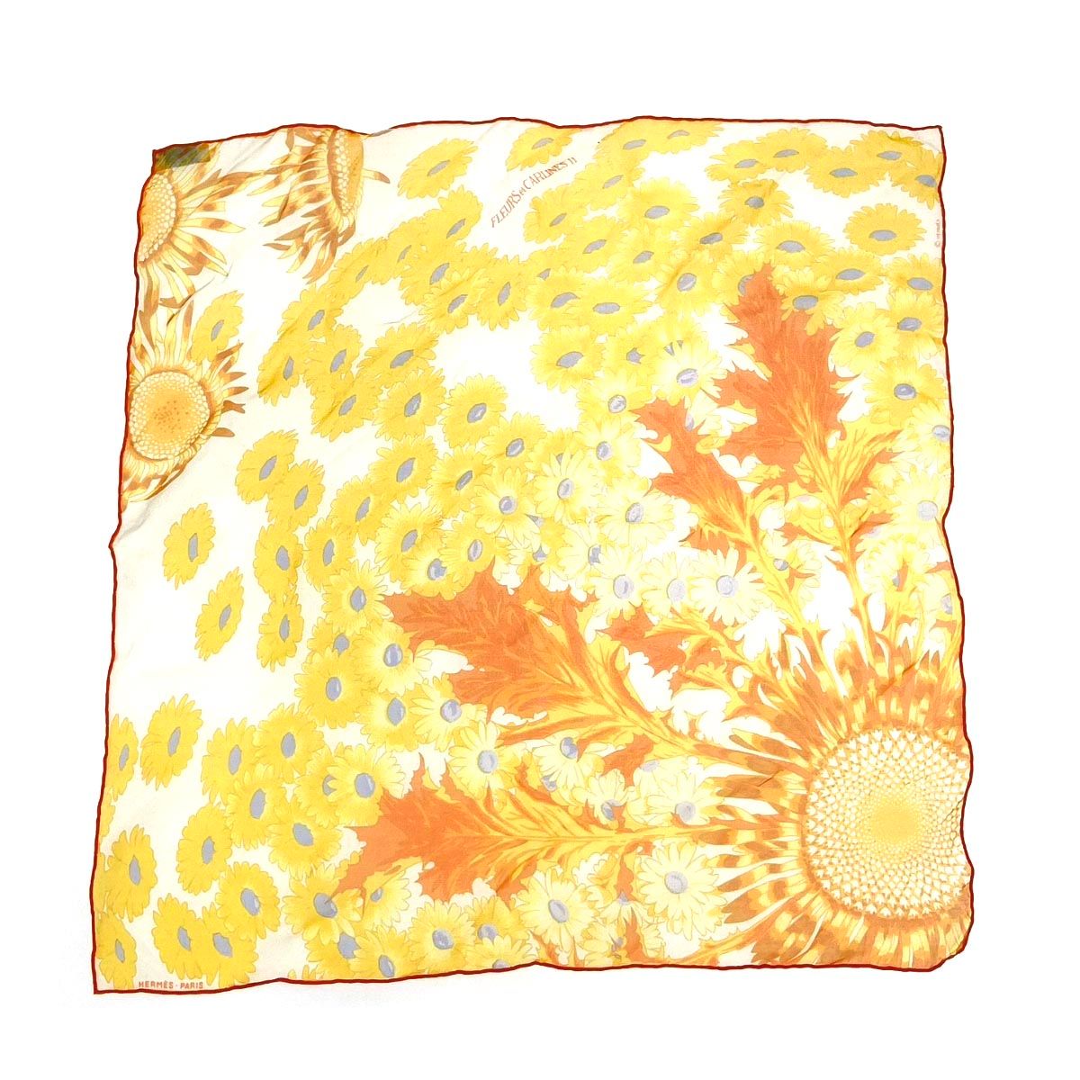 HERMES エルメス シフォンスカーフ  カレ40 FLEURS et CARLINES ひまわりの花束　シルク100％    オレンジ レディース / 240001155211 HERMES エルメス シフォンスカーフ カレ40 FLEURS et CARLINES